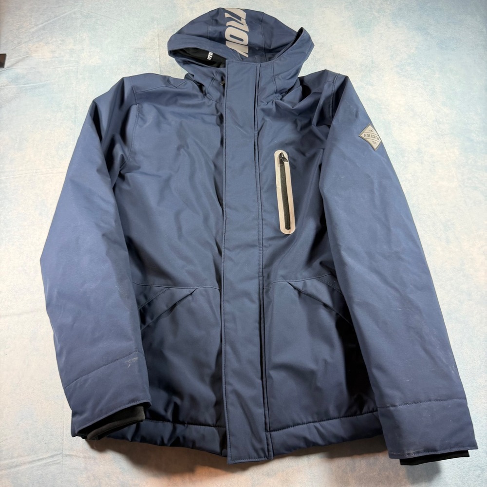 Hollister All-Weather Jacket Mens Lg Navy Blue Hooded Fleece Lined Coat Broken